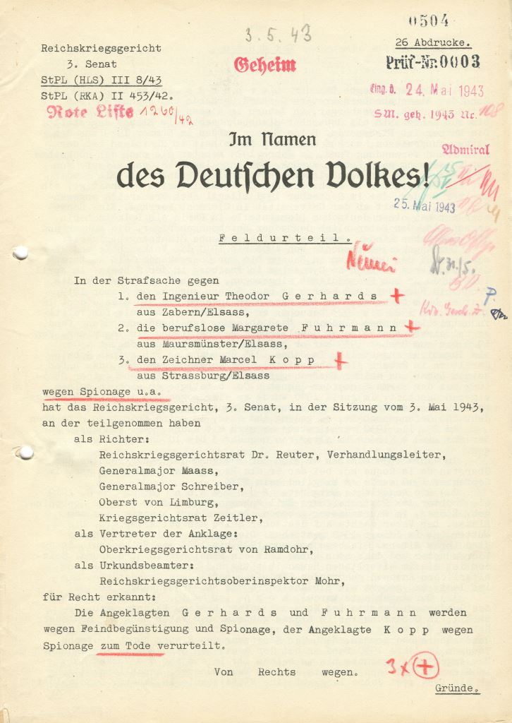 Scan of Original Document with lots of stamps, parts of the text underlined in red and handwritten notes